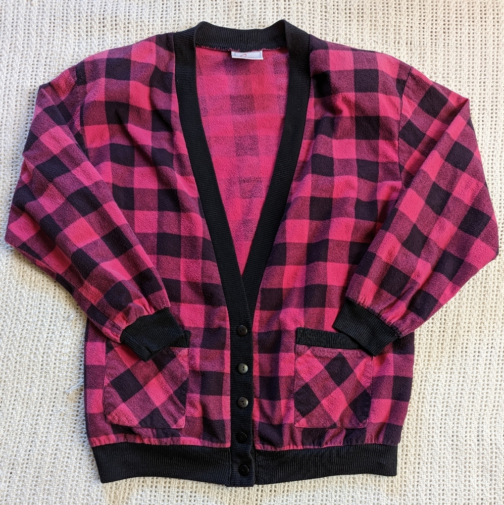 VTG Eber International Black Pink Plaid Flannel 80s 90s Cardigan Sweater Medium